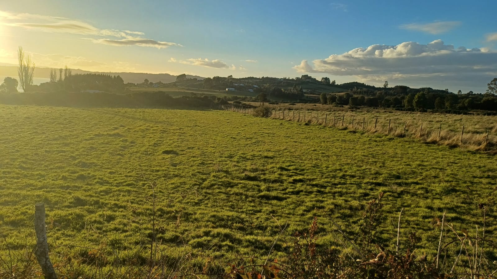 Pradera amplia con cerco y vista panorámica a colinas y mar al atardecer