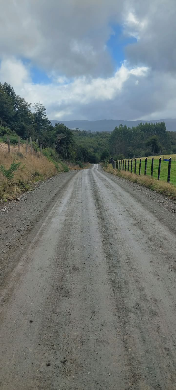 Camino de ripio con cerco y praderas verdes hacia la cordillera