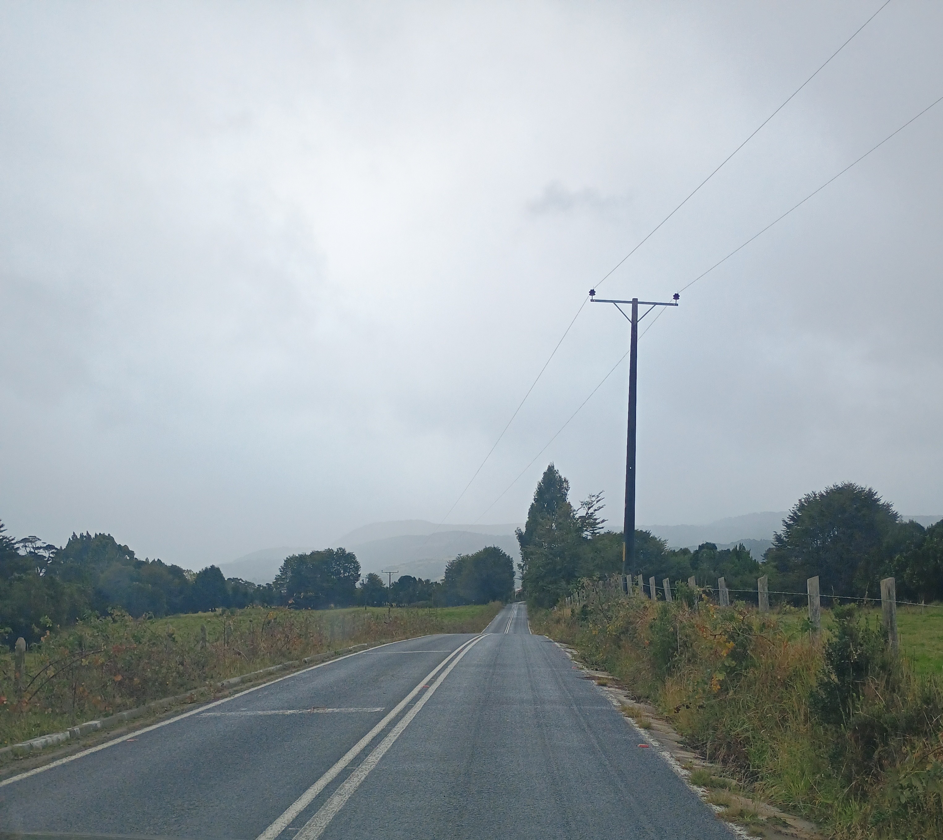 Carretera con praderas verdes y colinas al fondo