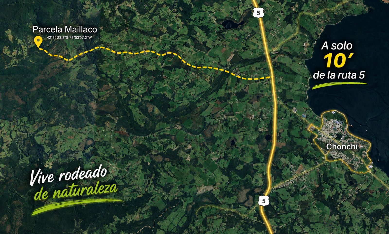 Mapa satelital con ruta desde Ruta 5 a Parcela Maillaco - A solo 10 min