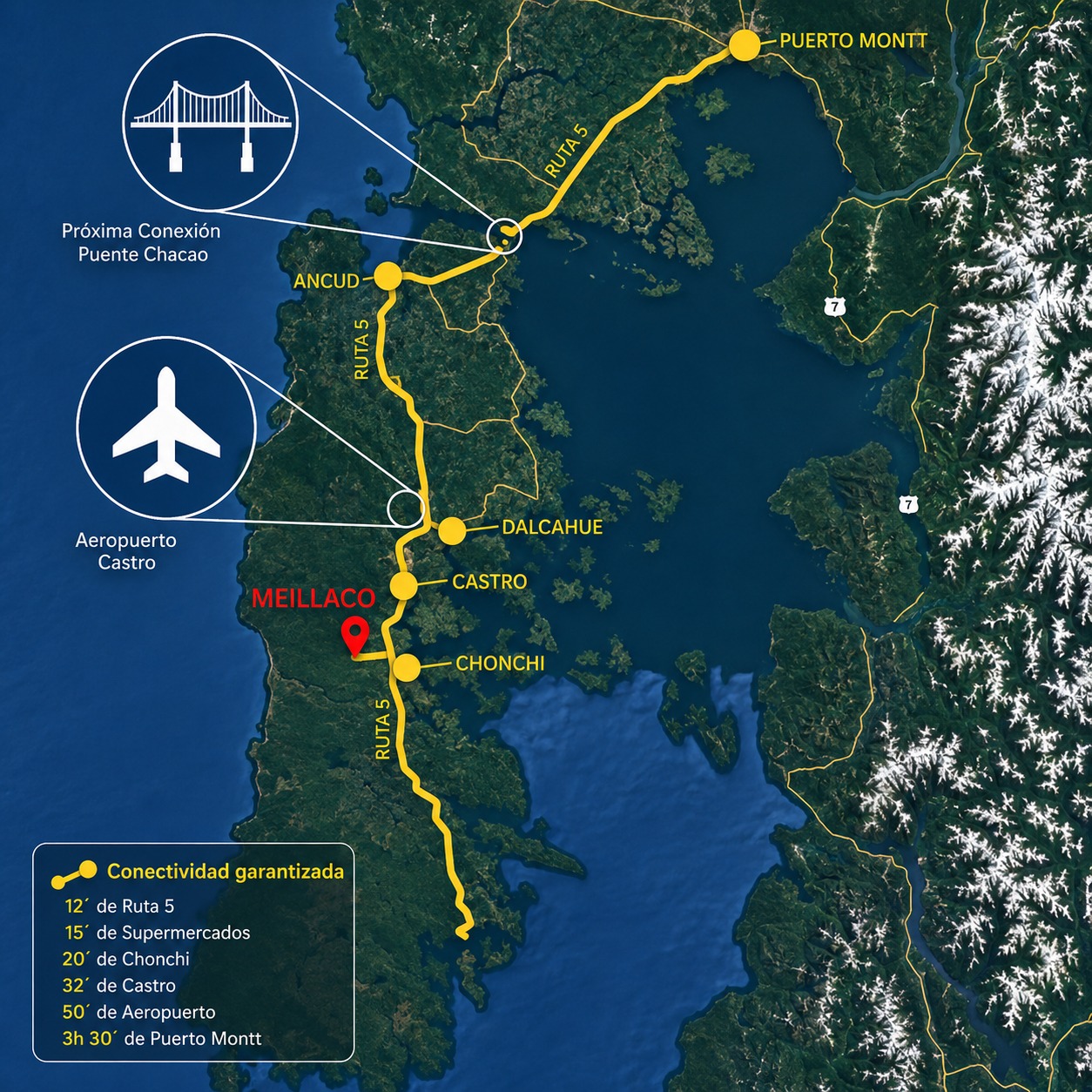 Mapa de conectividad de Chiloé - Puerto Montt, Ancud, Castro, Chonchi, Meillaco